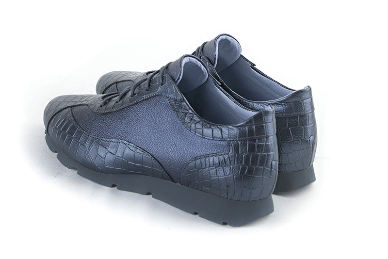 Denim blue women's elegant sneakers. Round toe. Flat rubber soles. Rear view - Florence KOOIJMAN